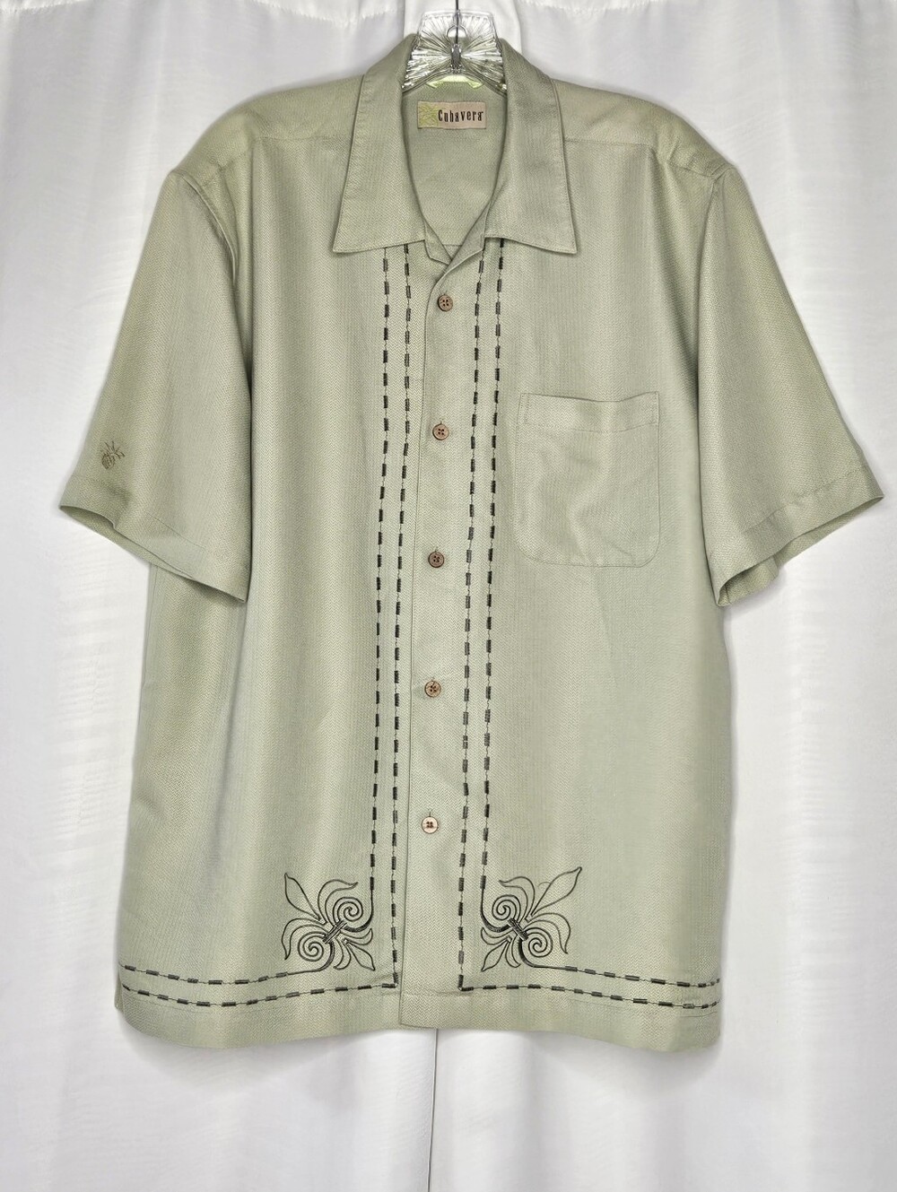 Cubavera sage green short sleeve button up shirt stitching detail retro